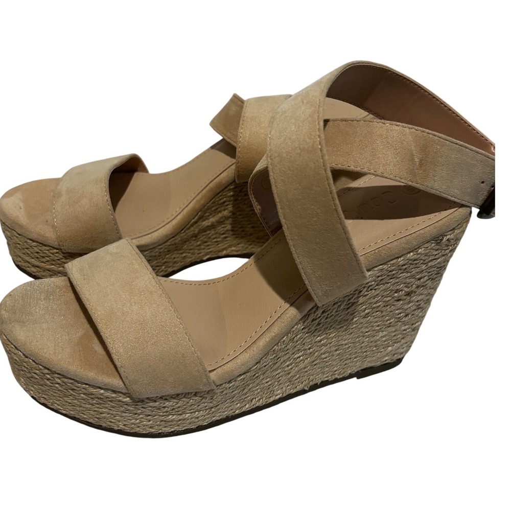 Coutgo Womens Tan Faux Suede Espadrille Wedge Platform Sandals Sz 6.5 Boho party